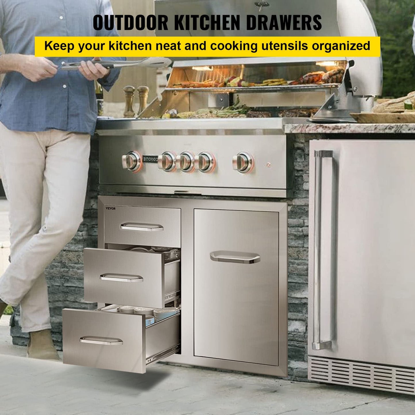 VEVOR 18x23 Inch Outdoor Kitchen Stainless Steel Triple Access BBQ Drawers with Chrome Handle, 18"W x 20.5"H x 23"D