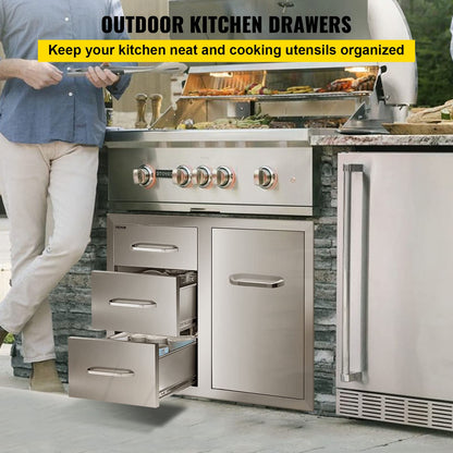 VEVOR 18x23 Inch Outdoor Kitchen Stainless Steel Triple Access BBQ Drawers with Chrome Handle, 18"W x 20.5"H x 23"D