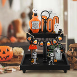 Tiered Tray Stand, Rustic Wooden 2 Tier Decorative Tray with Bead Garland, Farmhouse Square Wood Serving Tray Counter Centerpiece for Coffee Bar Home Decor Holiday Holloween Housewarming Gifts (Black) SYNCVIBE