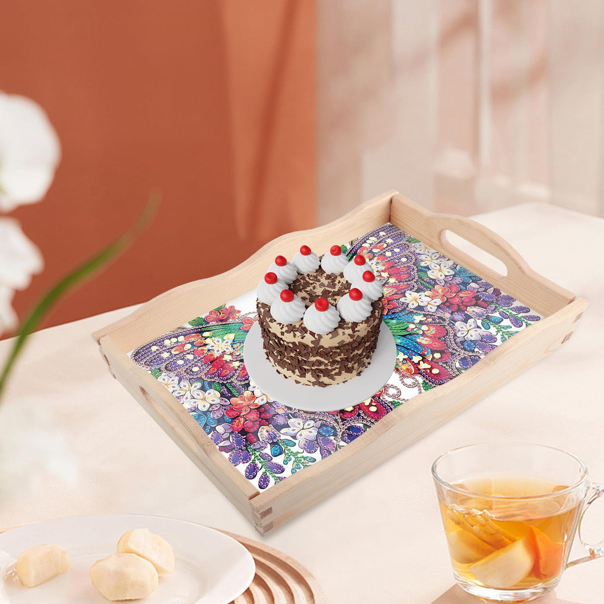 JISHSHAY Diamond Art Serving Tray Diamond Painting Food Tray Gem Art Serving Platter Gem Painting Mosaic Kits for Adults DIY Kits for Adults, with Wood Handle 20×30cm/7.87×11.81in, Butterfly JISHSHAY