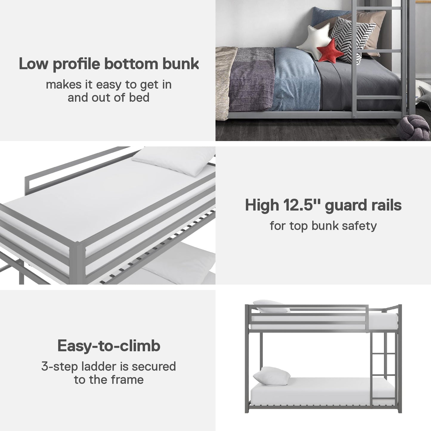 DHP Miles Silver Low Metal Bunk Bed Frame for Kids - Twin Over Twin with Built-in Ladder and High Guardrails - WoodArtSupply