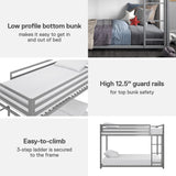 DHP Miles Silver Low Metal Bunk Bed Frame for Kids - Twin Over Twin with Built-in Ladder and High Guardrails DHP