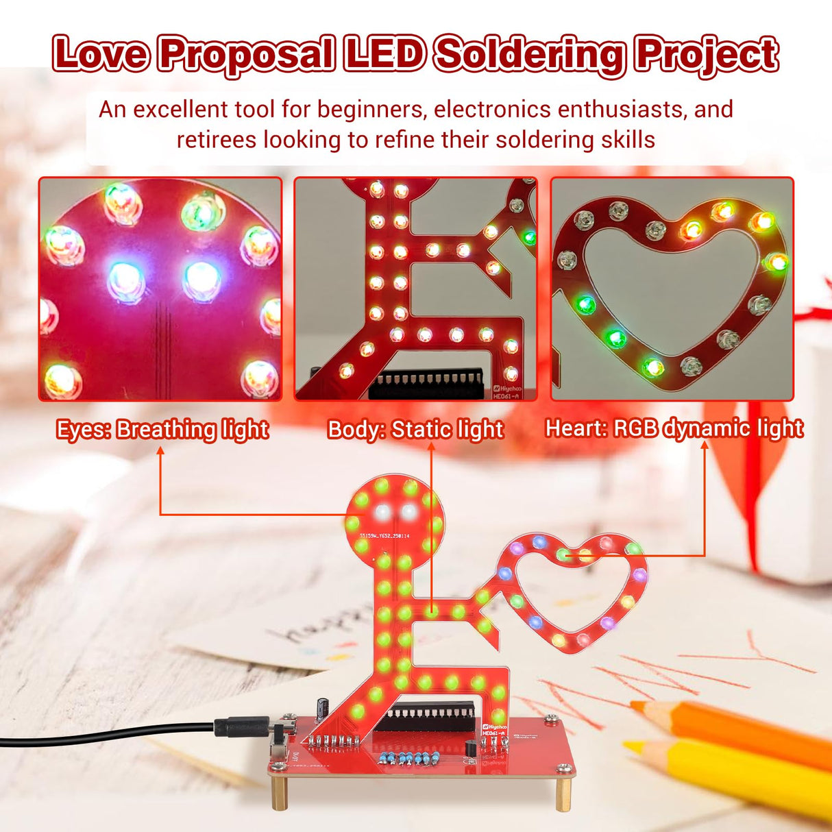 Soldering Learning Kit, ICSTATION Give You My Heart LED Soldering Project Love Proposal RGB LED Light Soldering Practice Kit for Beginners Diyers Student Education and Perfect Present for Father's Day IS