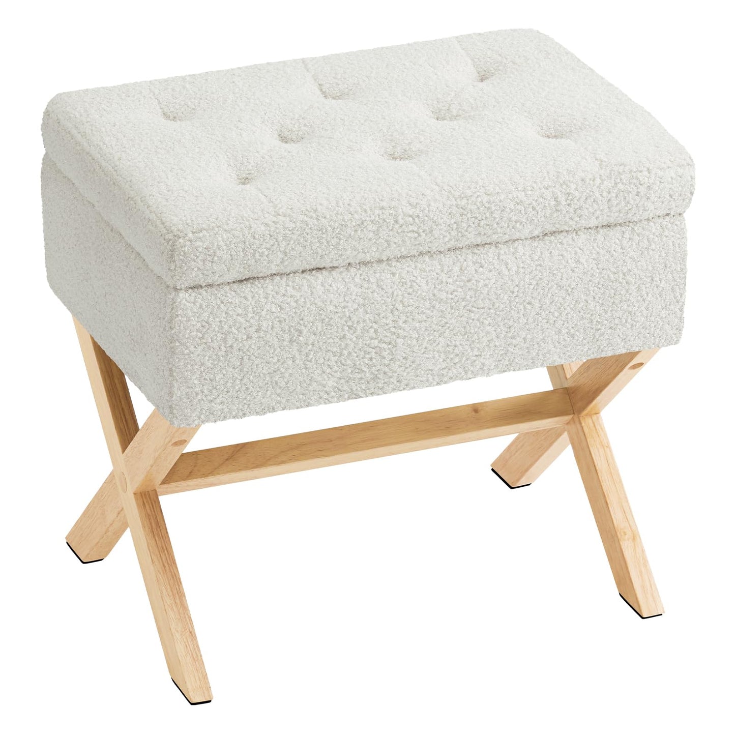 Furniliving Faux Fur Foot Stool Chair, 15” L x 20.5” W x19” H Square Ottoman with Storage, Vanity Stool with Wooden X Legs, Modern Footstool Foot Rest for Makeup Room, Bathroom, Bedroom (IvoryWhite)