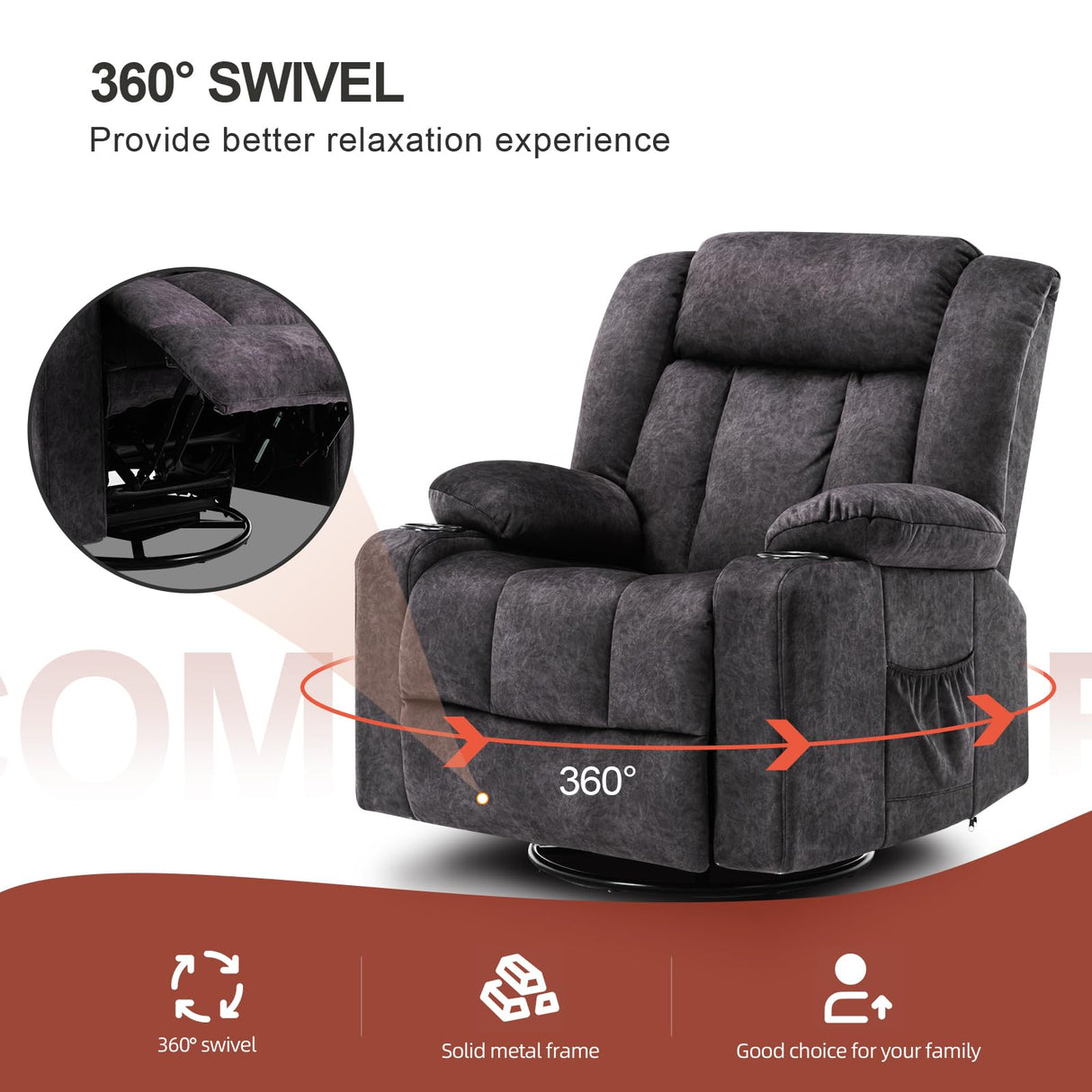 COMHOMA Recliner Chair,360° Swivel Rocker Glider Recliners with Cup Holders, Upholstered Fabric Rocking Chair for Adults,Manual Reclining Single Sofa for Living Room,Gray COMHOMA