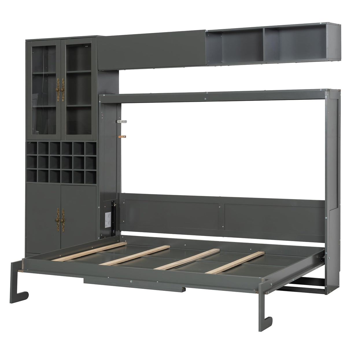 Merax Full Size Murphy Bed Wall Bed with Sofa, Shelves, USB & Light - Space Saving Foldable Bed for Small Apartments, Grey Merax