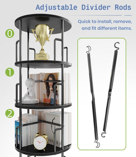 5 Tier Rotating Bookshelf Tower Round Black,62”Tall Standing Spinning Bookshelf Tower Anti-Tipping Design,Metal & Wood Revolving Bookcase Stackable Space Saving for Small Spaces,Study,Living Room Amzeth