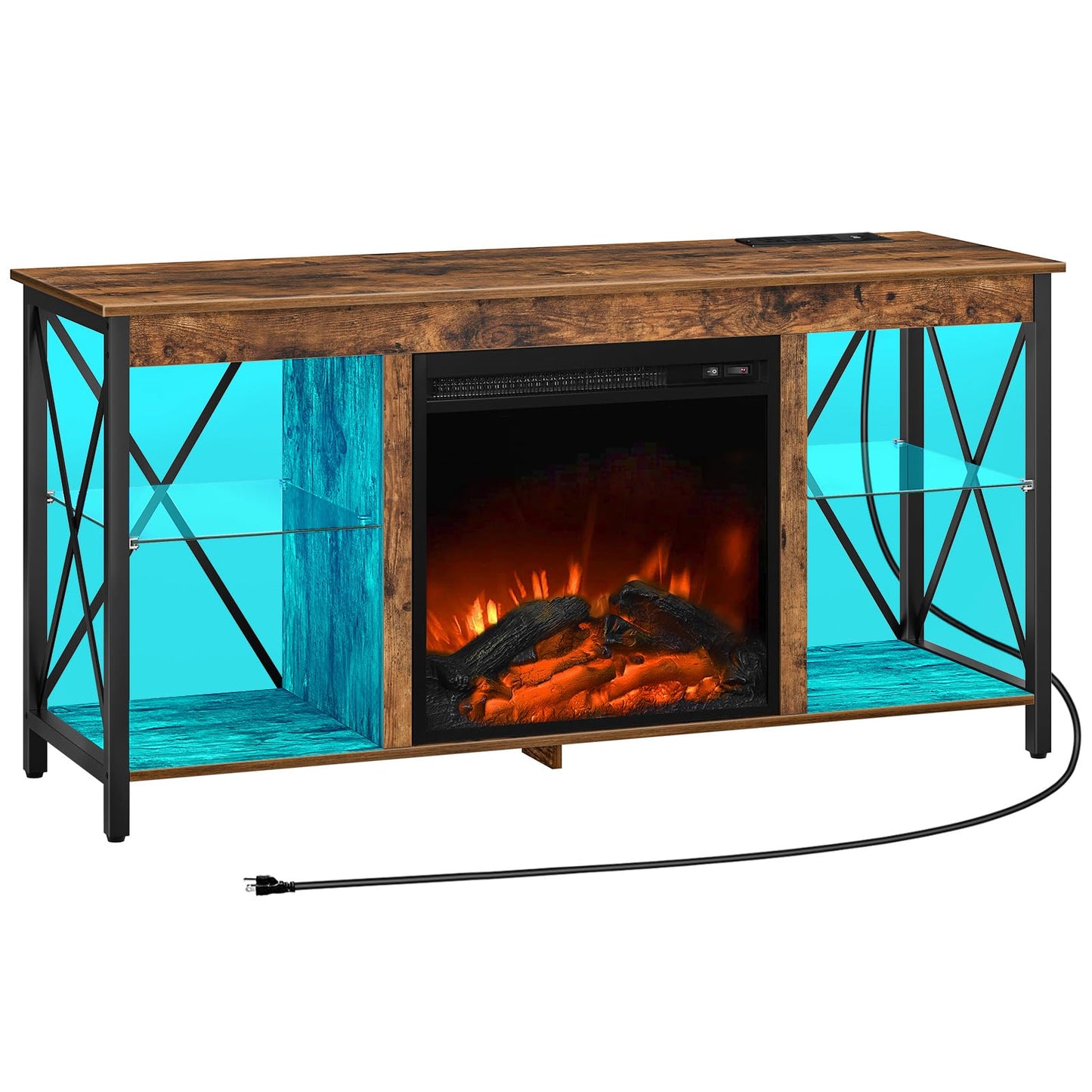 HOOBRO Fireplace TV Stand with Led Lights and Power Outlets, Wooden Media Entertainment Center Console Table with Glass Shelves, Fireplace TV Console for TVs up to 55", Rustic Brown BF120UDDS01