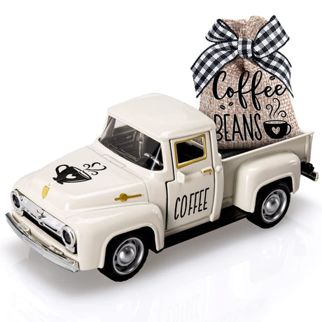 Huray Rayho Coffee Decor for Coffee Bar Metal Truck with Coffee Beans Burlap Sack Vintage Pickup Farmhouse Coffee Station Tabletop Tiered Tray Decor Mini Diecast Truck Decorations Huray Rayho