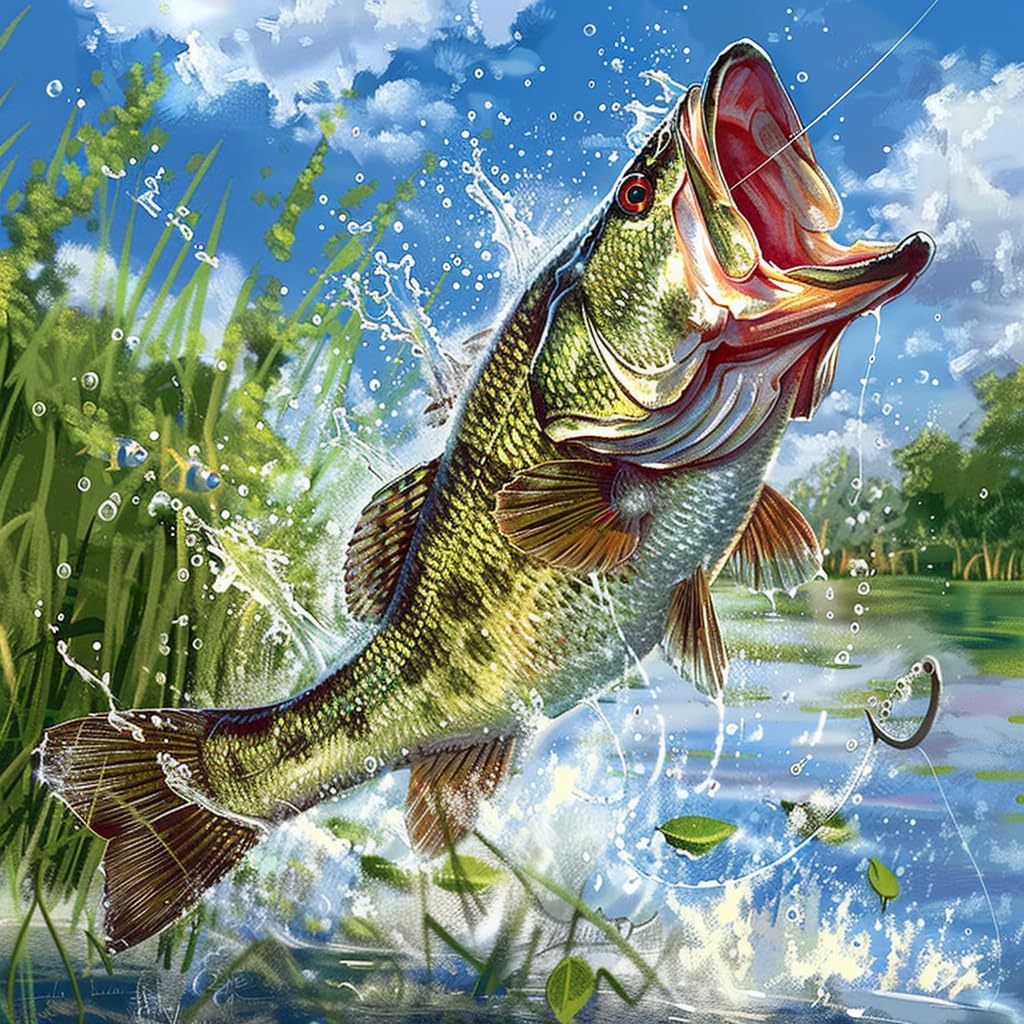 Vibrant Elegant Bass Fish 5D Diamond Art Painting Full Square Drill Diamond Art Painting by Number Kits for Adults Mosaic Cross Stitch for Wall Decor 14x14in(2) WoodArtSupply