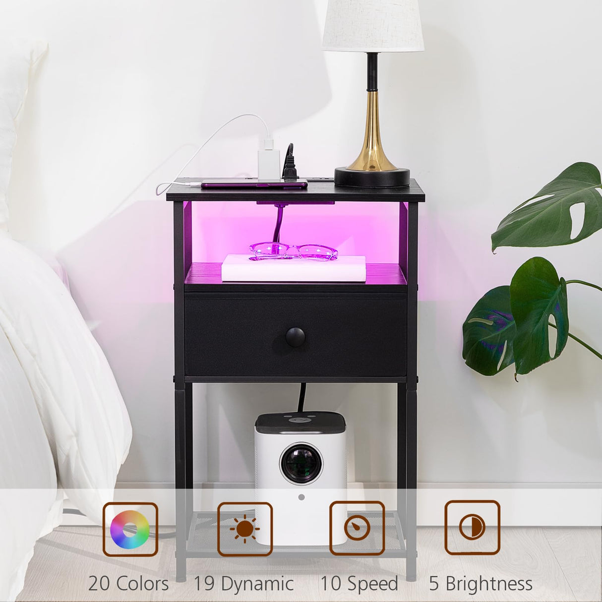 LOAKEKEL Night Stand Set 2, LED Nightstand with Charging Station, End Tables with Fabric Drawer for Small Spaces, Bedside Table with Storage Shelf for Bedroom, Black, HETS01BK LOAKEKEL