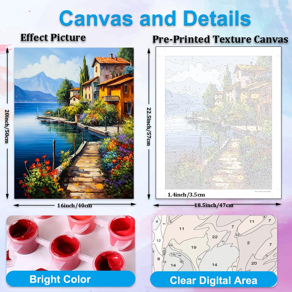 Artunion Lakeside Village Docks Paint by Numbers for Adults, Seadide Landscape Lake Paint by Number Kits, DIY Oil Painting Paint by Number Kits on Canvas Arts Craft for Home Wall Decor 16x20 Inch Artunion