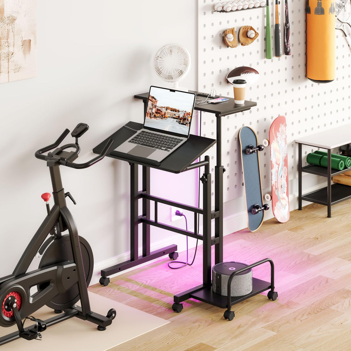 Dripex Mobile Standing Desk with Power Outlets & Strip Lights, Rolling Small Desk, Adjustable Height Laptop Table with Wheels, Portable Sit-Stand Workstation for Home Office Dripex