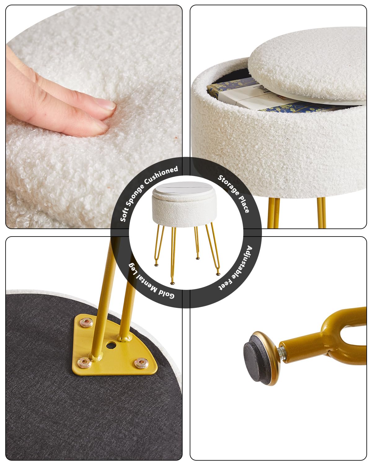 IBUYKE Teddy Velvet Storage Footrest Stool Ottoman, Makeup Vanity Stool Side Table with Removable Cover, Golden Steel Legs, Coffee Table Top Cover, White WBD010W IBUYKE