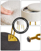 IBUYKE Teddy Velvet Storage Footrest Stool Ottoman, Makeup Vanity Stool Side Table with Removable Cover, Golden Steel Legs, Coffee Table Top Cover, White WBD010W IBUYKE