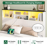 Yoobure Queen Bed Frame with Headboard - Farmhouse Wood Bed Frames Queen Size with 4 Storage Drawers, Platform Beds with Charging Station & LED Light, No Noise Double Bedframe, No Box Spring Needed Yoobure