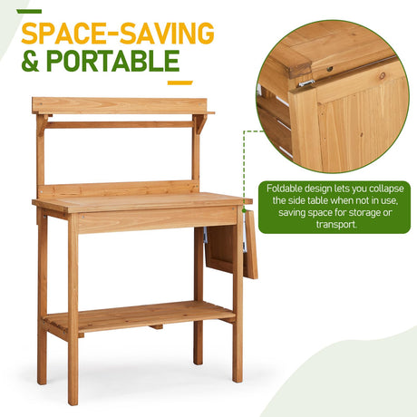 Outdoor Garden Potting Bench Table, Wooden Horticulture Planting Worstation with Metal Tabletop, 2 Drawers, Storage Shelf, 3 Hooks, Natural Wood (115 * 45.5 * 130CM) Generic