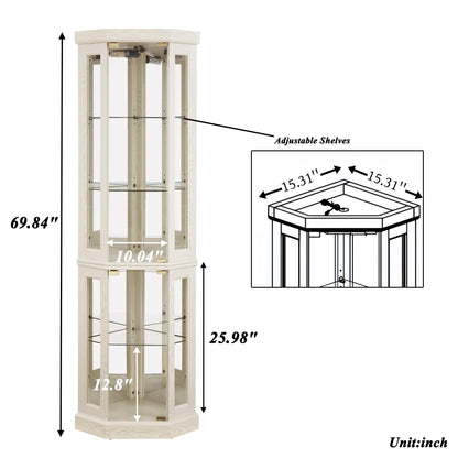 XZTUAJ Corner Curio Cabinet Display Case with Light, 69" H Glass Display Cabinet, Display Showcase Case Storage with Tempered Glass Door & Adjustable Glass Shelves for Living Room (Antique White)