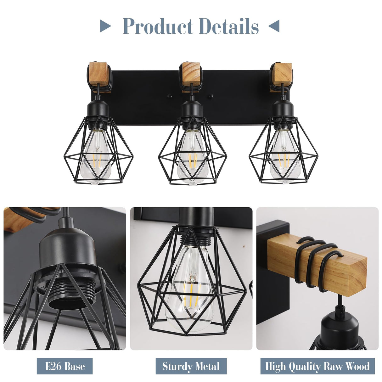 Farmhouse Vanity Light for Bathroom, 3-Light Wood Bathroom Vanity Light Fixtures Over Mirror, Rustic Sconces Wall Lighting with Metal Lampshade for Living Room, Bedroom, Hallway VbiTmn