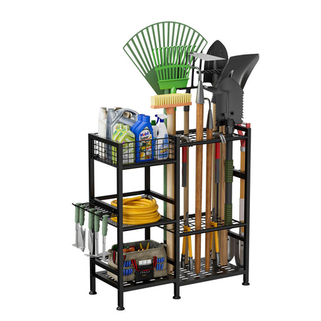 keomaisyto Garden Tool Organizer With Basket - 3 Tier Yard Storage Rack for Garage Organization, Heavy Duty Holder With 35 Long-Handled Slots for Shed, Yard, Garage keomaisyto