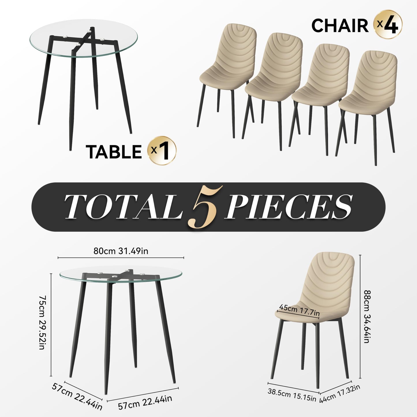 Anchorhome Modern 5-Piece 35.4" Round Glass Dining Room Table Set with Faux Leather Chairs for 4 Person - Space-Saving Kitchen Furniture for Small Apartments (5-PIECE(Beige))