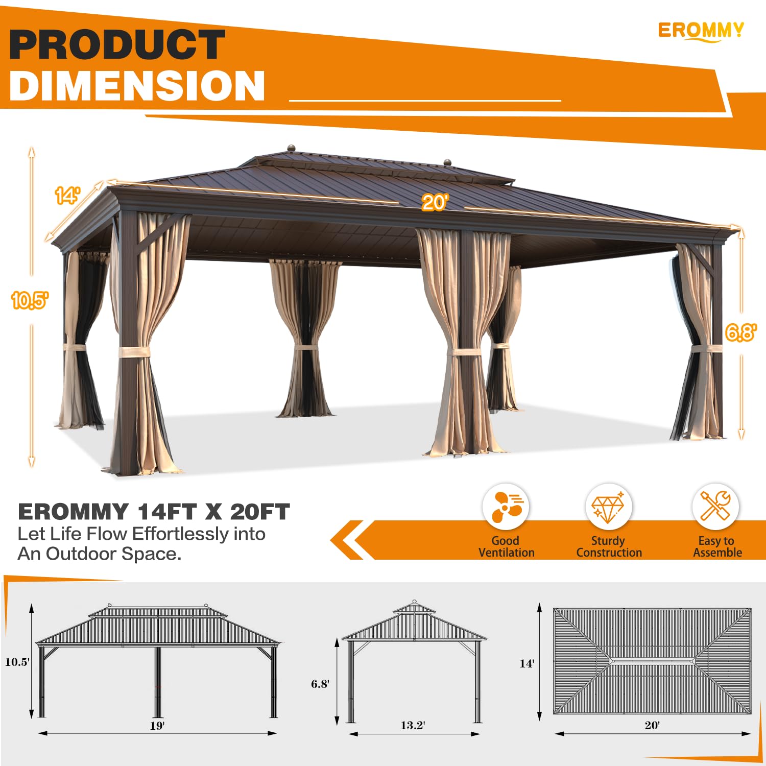 EROMMY 14'x20' Hardtop Gazebo Double Roof Galvanized Steel Canopy Outdoor Aluminum Frame Permanent Metal Pavilion with Netting and Curtains for Patio Backyard Deck and Lawns - WoodArtSupply