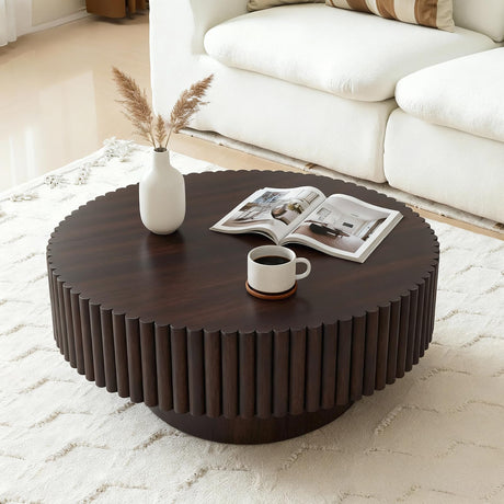 Rovibek Fluted Round Coffee Table, 31.5" Modern Wooden Coffee Table with Fluted Base, Circle Accent Center Table for Living Room Apartment Office Small Space, Easy Assembly (Brown) Rovibek