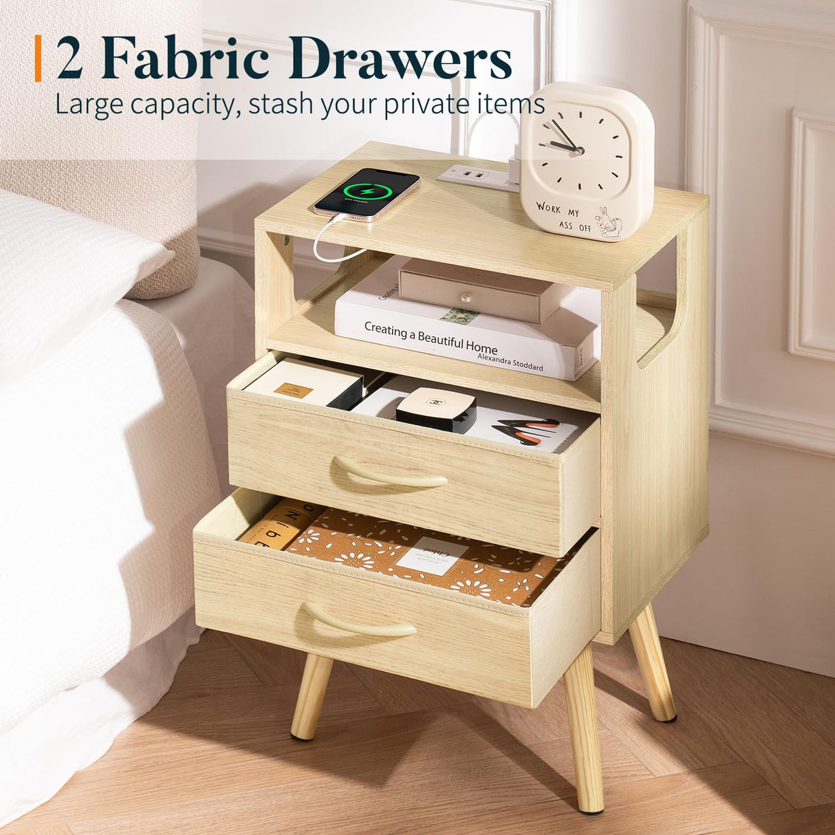 Yoobure LED Night Stand with Charger Station, Mid Century Modern Nightstand with Fabric Drawers, Bedside Table Nightstands with Storage Shelf, Bed Side Table Small Night Stands for Bedroom Living Room Yoobure