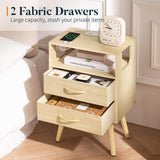 Yoobure LED Night Stand with Charger Station, Mid Century Modern Nightstand with Fabric Drawers, Bedside Table Nightstands with Storage Shelf, Bed Side Table Small Night Stands for Bedroom Living Room Yoobure