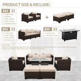 Oasishine 6 Pieces Outdoor Furniture 60000BTU Outdoor Propane Fire Pit Wicker Patio Furniture Set 45" Steel Fire Table Anti-Slip Cushions Waterproof Covers, Khaki Oasishine