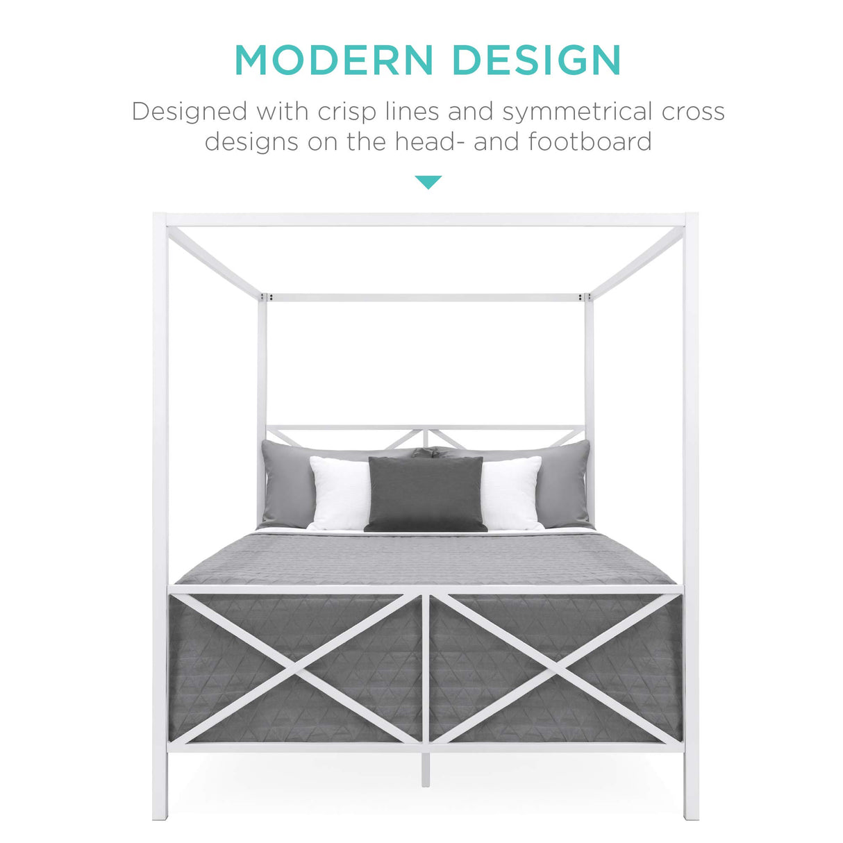 Best Choice Products 4-Post Queen Size Modern Metal Canopy Bed w/Mattress Support, Built-in Headboard, Footboard, Classic, Customizable Design - White Best Choice Products