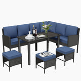 Temminkii 7 Piece Outdoor Dining Set, All-Weather Patio Furniture with Seat & Back Cushions, Conversation Sectional Sofa Set with Long Glass Coffee Table for Garden, Porch, Lawn, Blue Temminkii