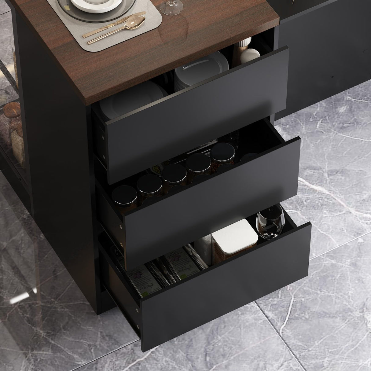 TAMUNE 77” Kitchen Island with Glass Doors and Light, Large Kitchen Storage Island with Drawers and Shelves, for Home Bar Black and Brown 30.3”D x 77.6”W x 36.6”H TAMUNE