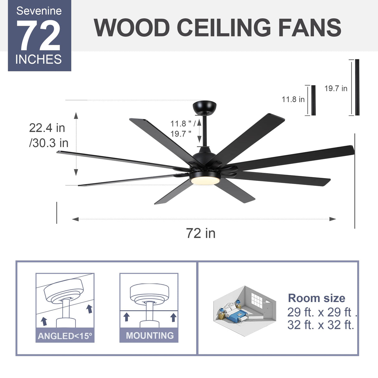 Sevenine 72 Inch Ceiling Fan With Lights and Remote,8 Black Wood Blades,Large Ceiling Fan with 6 Speed Reverse DC Motor,3 Color Dimmable LED, Downrod For Indoor Great Rooms Living Room Patio Farmhouse Sevenine