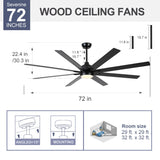 Sevenine 72 Inch Ceiling Fan With Lights and Remote,8 Black Wood Blades,Large Ceiling Fan with 6 Speed Reverse DC Motor,3 Color Dimmable LED, Downrod For Indoor Great Rooms Living Room Patio Farmhouse Sevenine