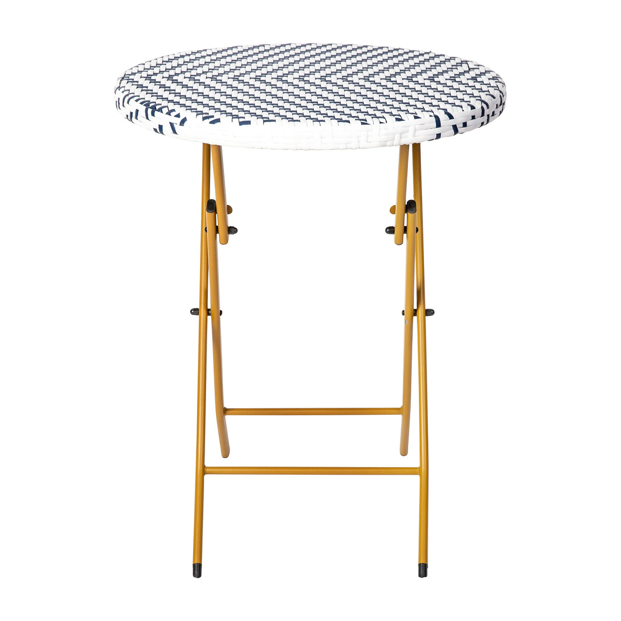 EMMA + OLIVER Ciel Three Piece Folding Bistro Set - Navy and White PE Rattan - Natural Finish Metal Frames - Indoor/Outdoor Use EMMA + OLIVER