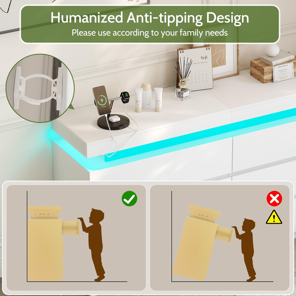 White Dresser with LED Lights,6 Drawer Dresser for Bedroom Sliding Desktop and Power Outlet Modern Wood Chest of Drawers for Closet Organizer Cabinet for Bedroom, Living Room, Entryway, Hallway Vipbear