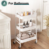 SMUG 3 Tier Rolling Cart - Metal Utility Carts on Lockable Caster Wheels, Mobile Storage Shelves Organizer for Livingroom, Bathroom, Kitchen, Bedroom & Narrow Places, White SMUG