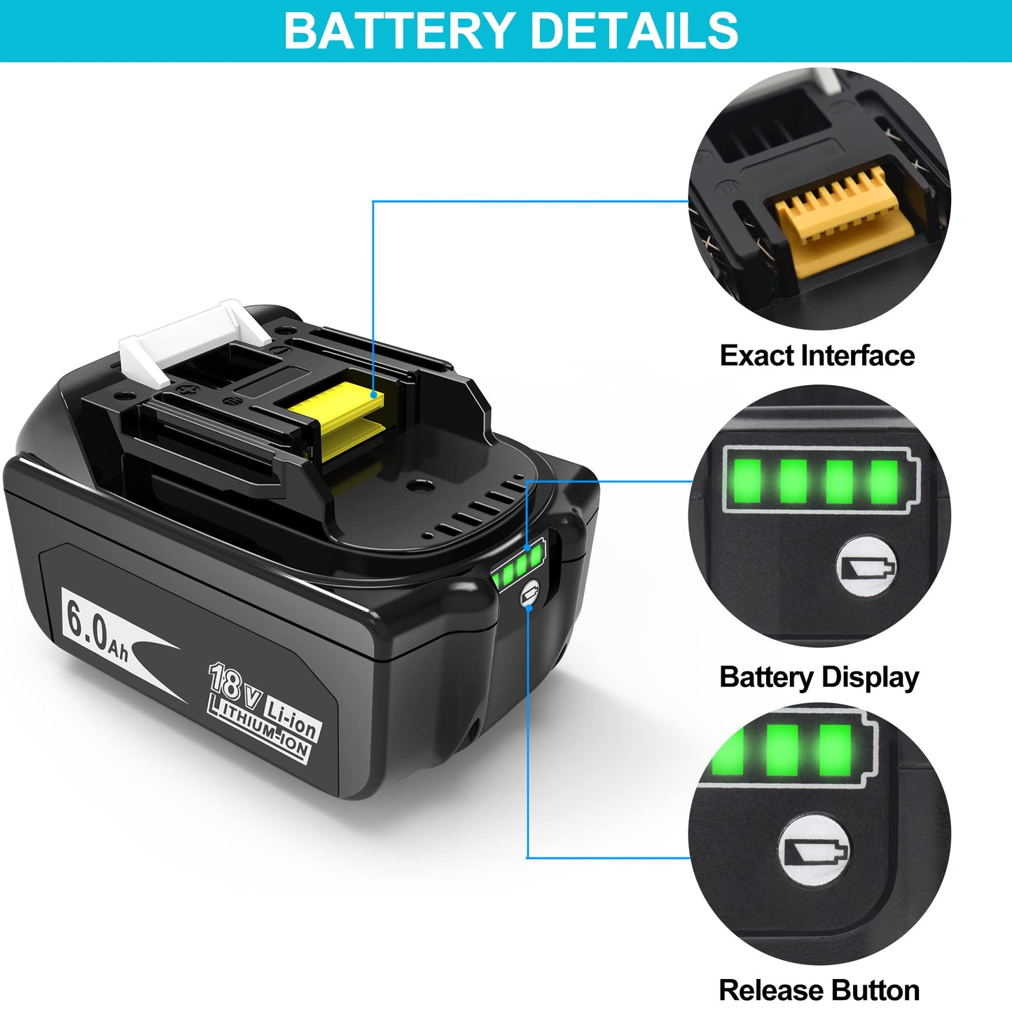 Worthmah 2 Packs 6.0Ah 18 Volt Replacement Battery Replacement for MAK Original 18V Battery with LED Indicator BL1815 BL1860 BL1830, Perfection Compatible with Original 18V Cordless Power Too - WoodArtSupply