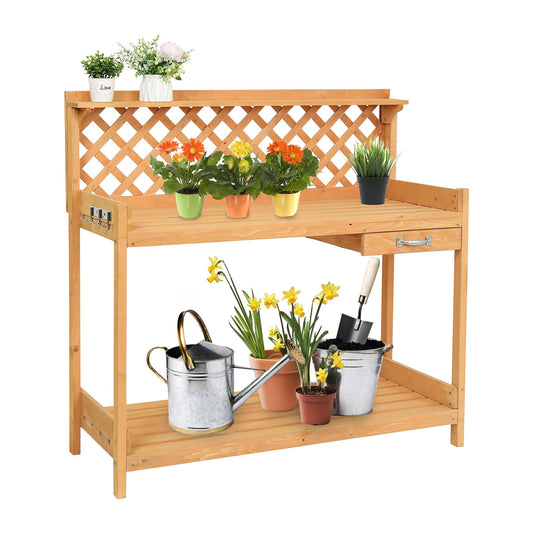 HOMVENT Outdoor Potting Bench Wooden Garden Potting Table w/Drawer, Storage Shelves,Hooks,Garden Table for Patio, Backyard and Porch (Natural B) - WoodArtSupply