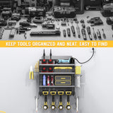 Drill Holder Wall Mount with 8-Outlet Charging Station, 190lbs Load 4 Layers Carbon Steel Heavy Duty Power Tool Organizer Wall Mount for Garage & Workshop, 4 Drill Holders, Modular Pegboard Rack OKKMAX