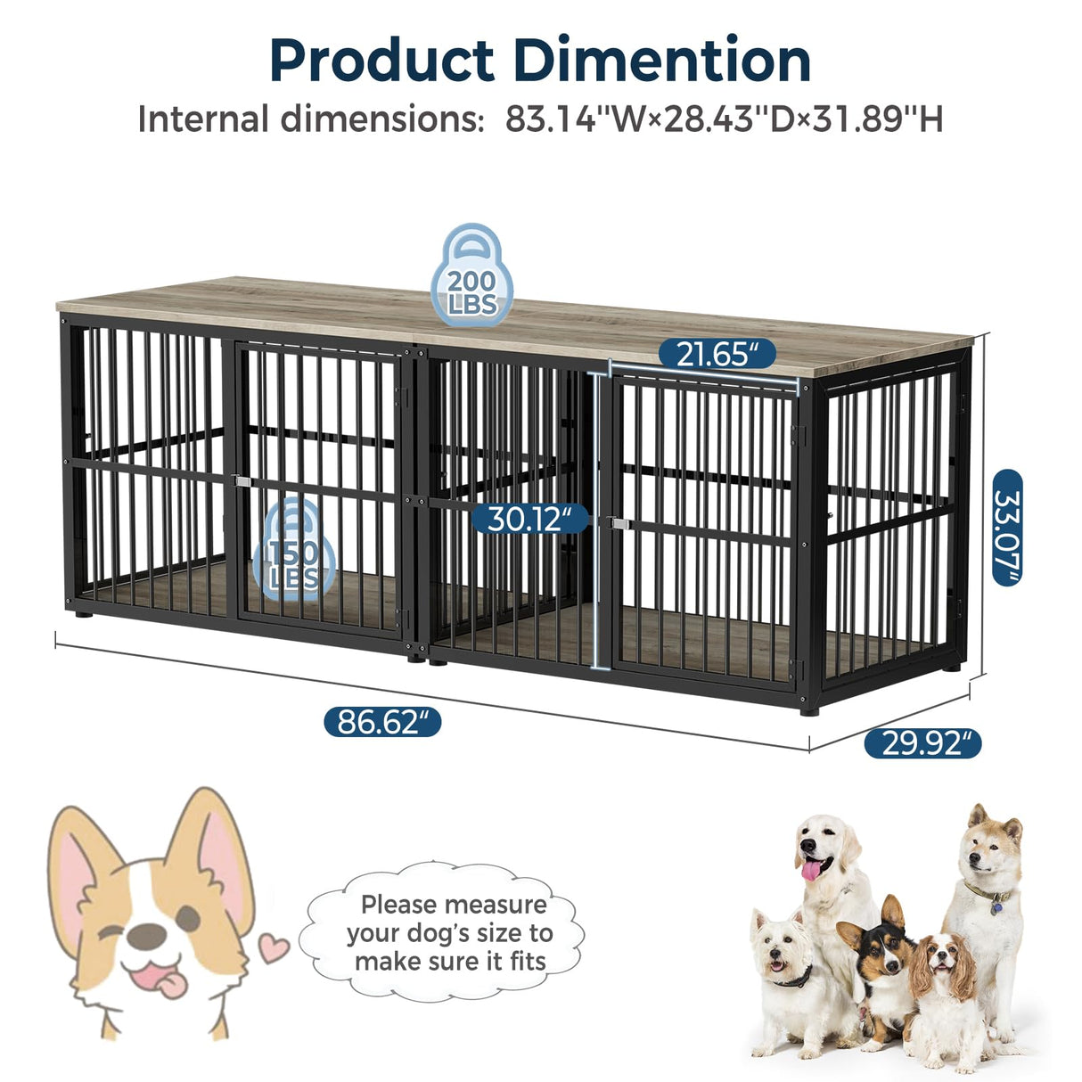 Lyromix 86.62''Dog Crate Furniture Large Breed TV Stand with Double Rooms,Wooden Dog Kennel Dog Crate End Table with Removable Divider for Large Medium Dogs, Can Use Separately Lyromix