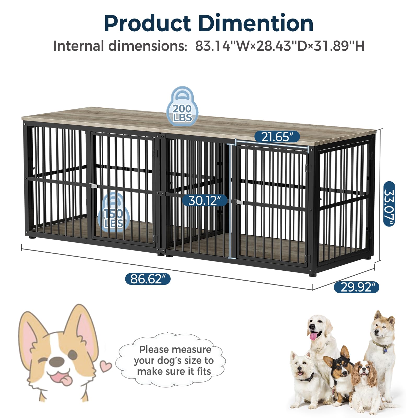 Lyromix 86.62''Dog Crate Furniture Large Breed TV Stand with Double Rooms,Wooden Dog Kennel Dog Crate End Table with Removable Divider for Large Medium Dogs, Can Use Separately - WoodArtSupply