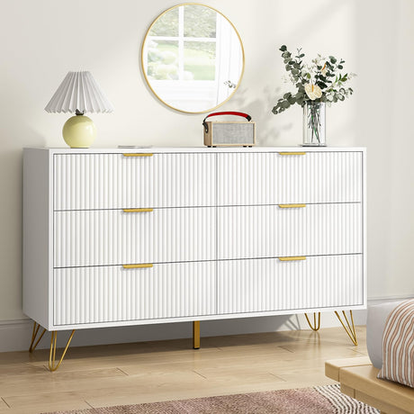 BAZELOR White 6 Drawer Dresser with Golden Handle, Fluted Wood Dressers, Modern Chest for Bedroom, Living Room, Hallway, Entryway BAZELOR
