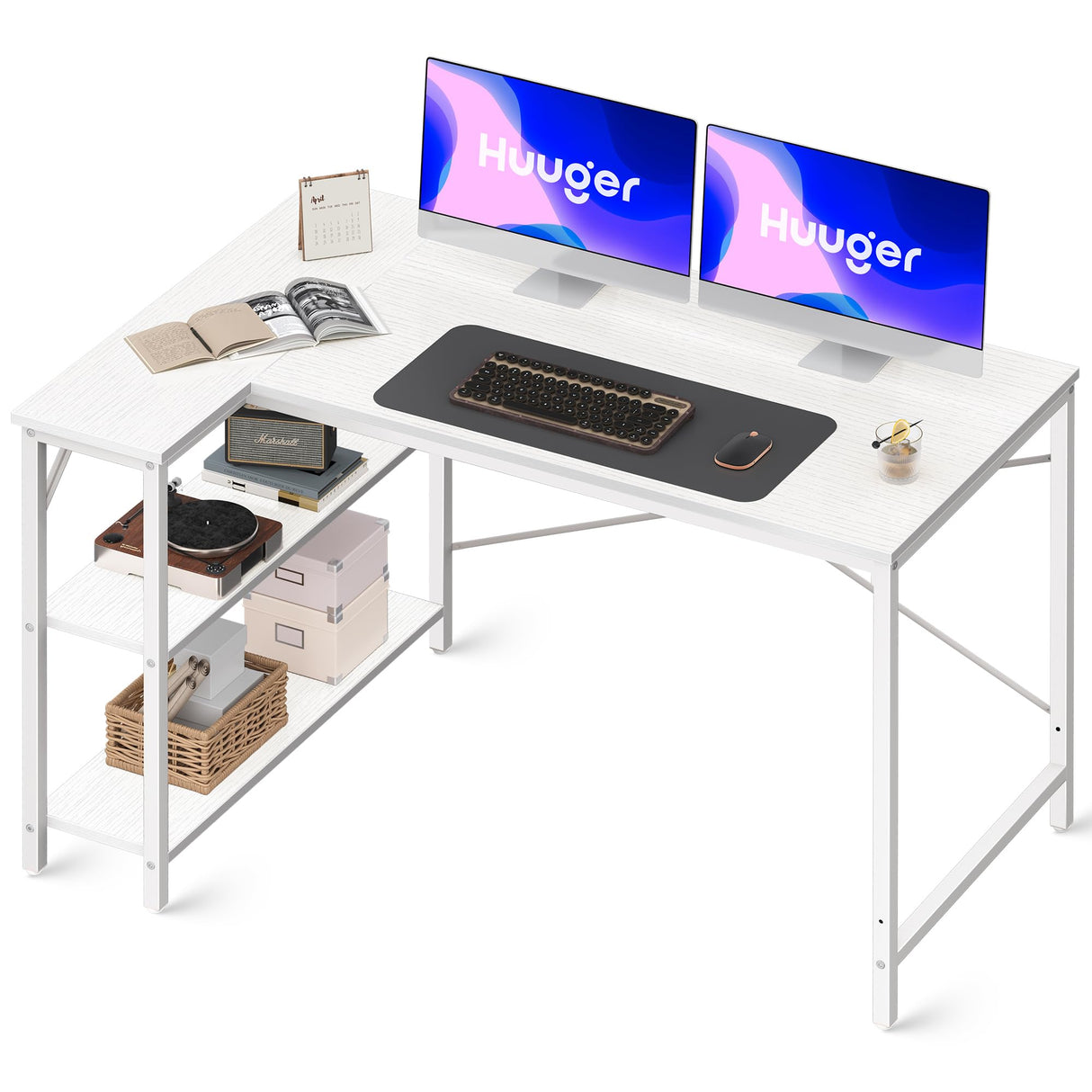 Huuger L Shaped Desk, 47 Inches Computer Desk with Reversible Storage Shelves, Gaming Desk, Corner Desk Home Office Desks, Writing Desk Study Desk with Metal Frame, White Huuger