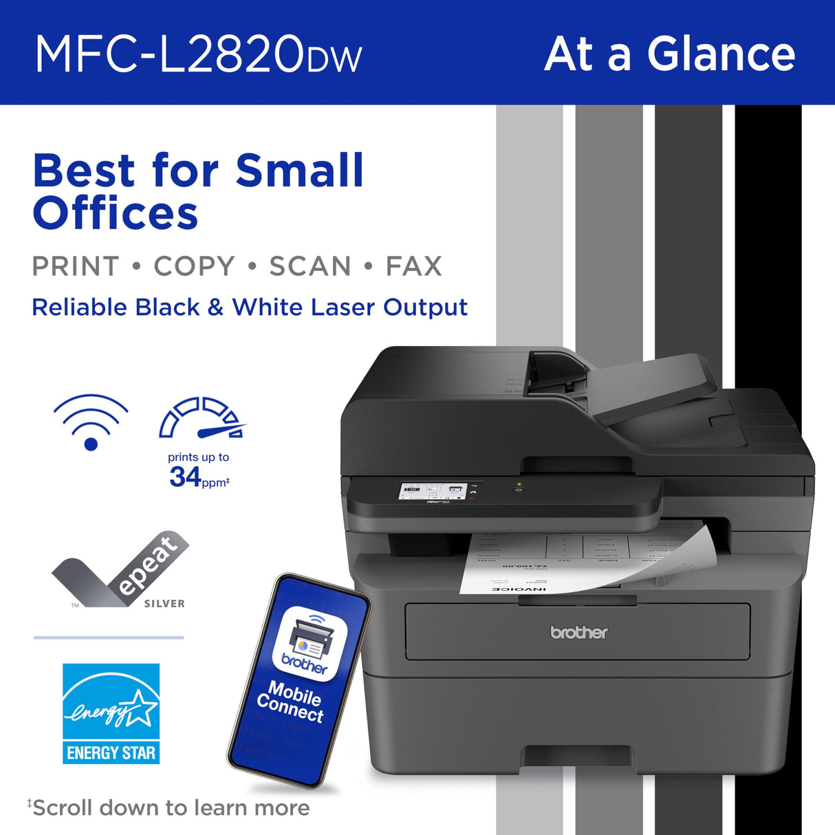 Brother MFC-L2820DW Wireless Compact Monochrome All-in-One Laser Printer with Copy, Scan and Fax, Duplex, Black & White | Includes Refresh Subscription Trial(1), Amazon Dash Replenishment Ready Brother