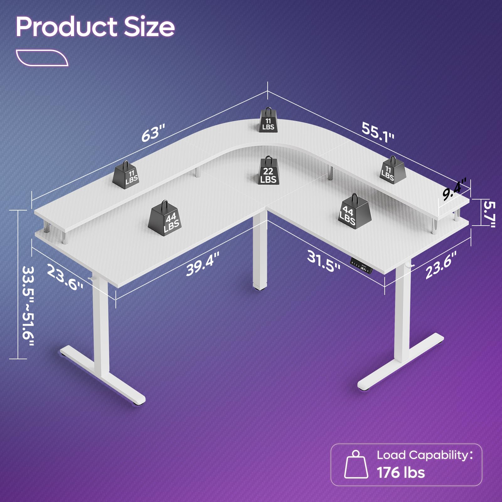 Bestier 63 Inch Large L Shaped Standing Desk Adjustable Height, Office Electric Stand Up Desk with Monitor Stand, Dual Motors Rising Gaming Desk with 2 Headphone Hooks(White 3D Carbon Fiber) - WoodArtSupply