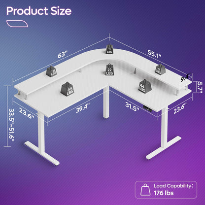 Bestier 63 Inch Large L Shaped Standing Desk Adjustable Height, Office Electric Stand Up Desk with Monitor Stand, Dual Motors Rising Gaming Desk with 2 Headphone Hooks(White 3D Carbon Fiber) - WoodArtSupply