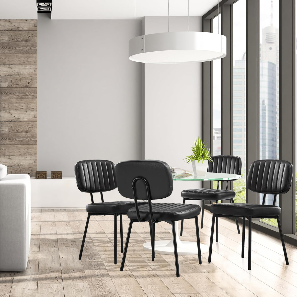 Sweetcrispy Dining Chairs Set of 4, Upholstered Mid Century Modern Kitchen Dining Room Accent Chairs with Faux Leather Cushion Seat & Metal Legs for Kitchen, Living Room - Black Sweetcrispy