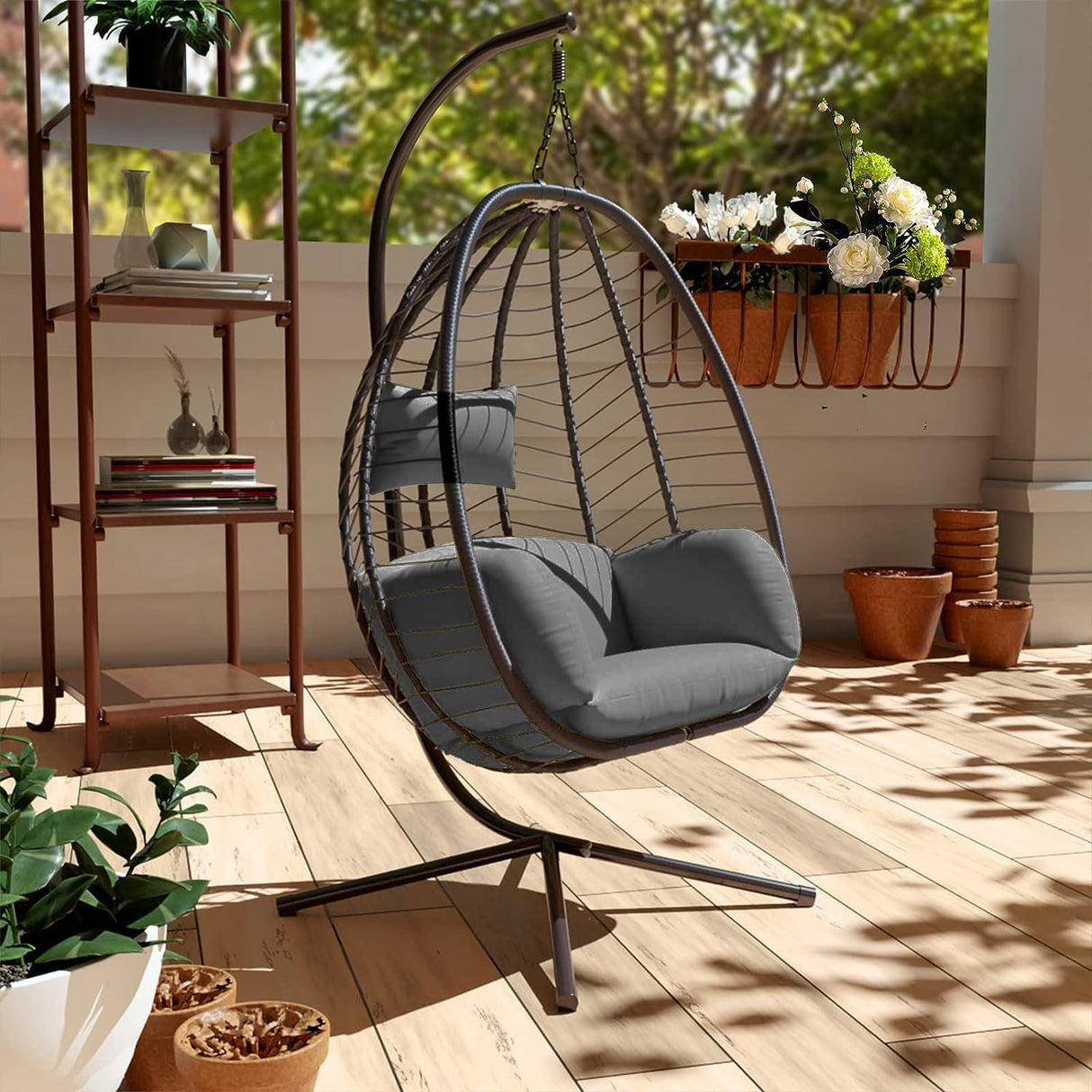 Kullavik Outdoor Hanging Egg Chair with Stand,Indoor Swinging Chair Patio Wicker Hammock Egg Chair with Thicken Padded Cushions,Indoor 350lbs Capacity forBalcony Living Room Bedroom(Grey) Kullavik